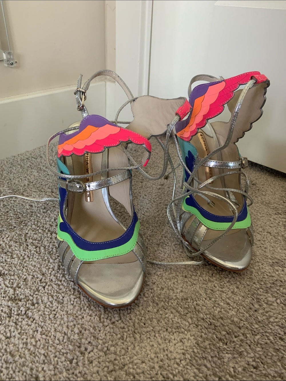 Metallic Silver Strappy Heels with Neon Multicolor Accents